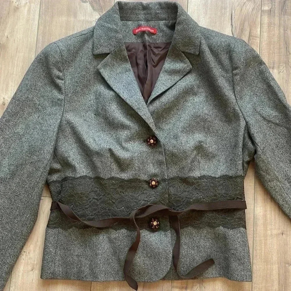 Alain Manoukian French Designer Tweed Wool Blazer Lace Embellished Sz 14